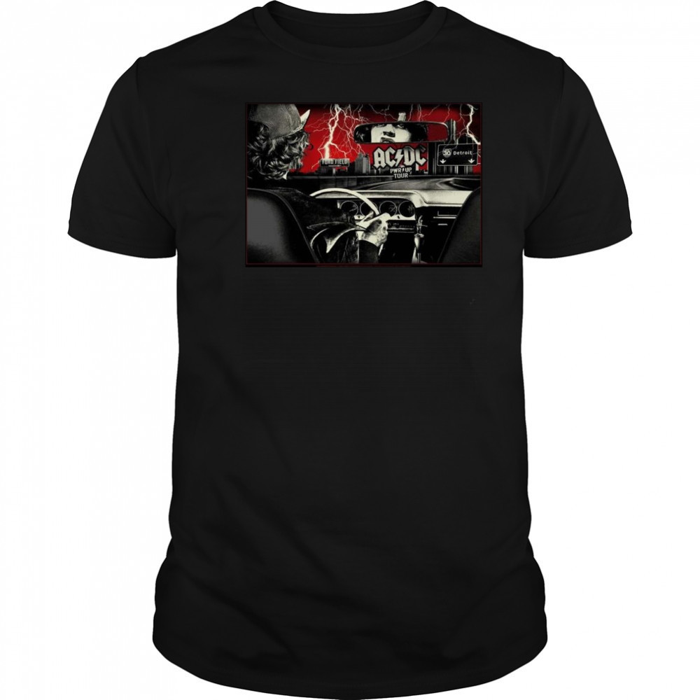 ACDC PWR Up Detroit 2025 At Ford Field Michigan On April 30 2025 Angus Young Riding A Car Shirt ACDC PWR Up Detroit 2025 At Ford Field Michigan On April 30 2025 Angus Young Riding A Car Shirt