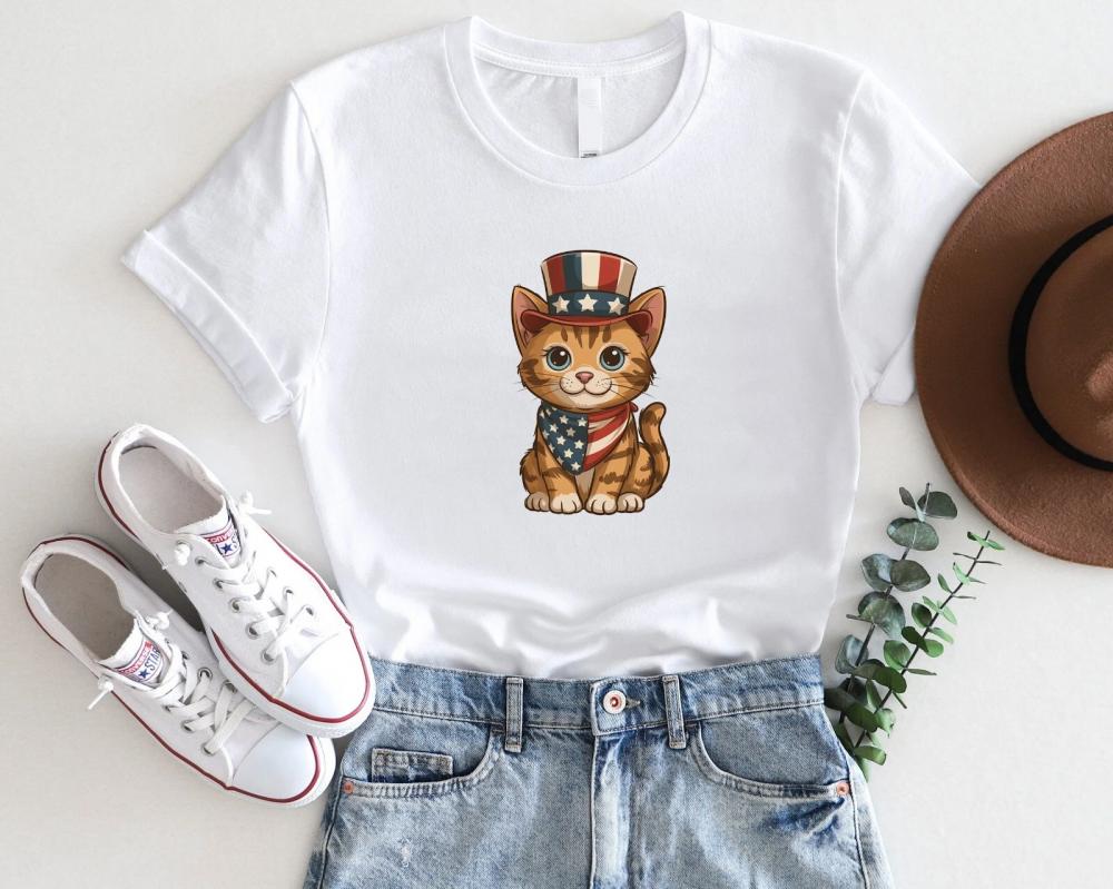 4th of July Cat Shirt – Patriotic Kitty in USA Hat and Bandana