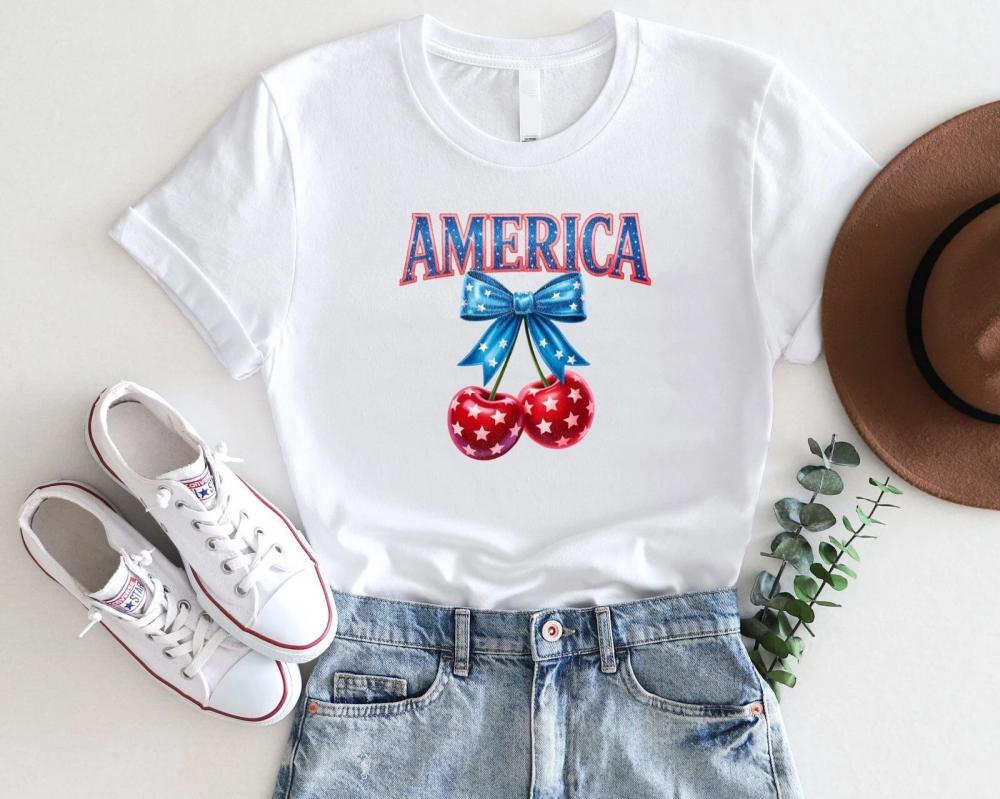 America Cherry Bow Gildan Shirt 4th of July USA Patriotic Graphic Tee