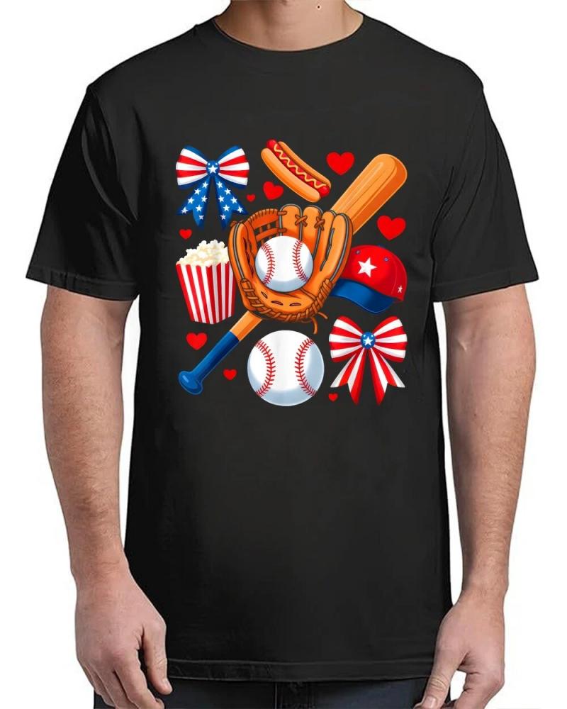Baseball 4th Of July Coquette Bow Women Girls Baseball Mom T-Shirt