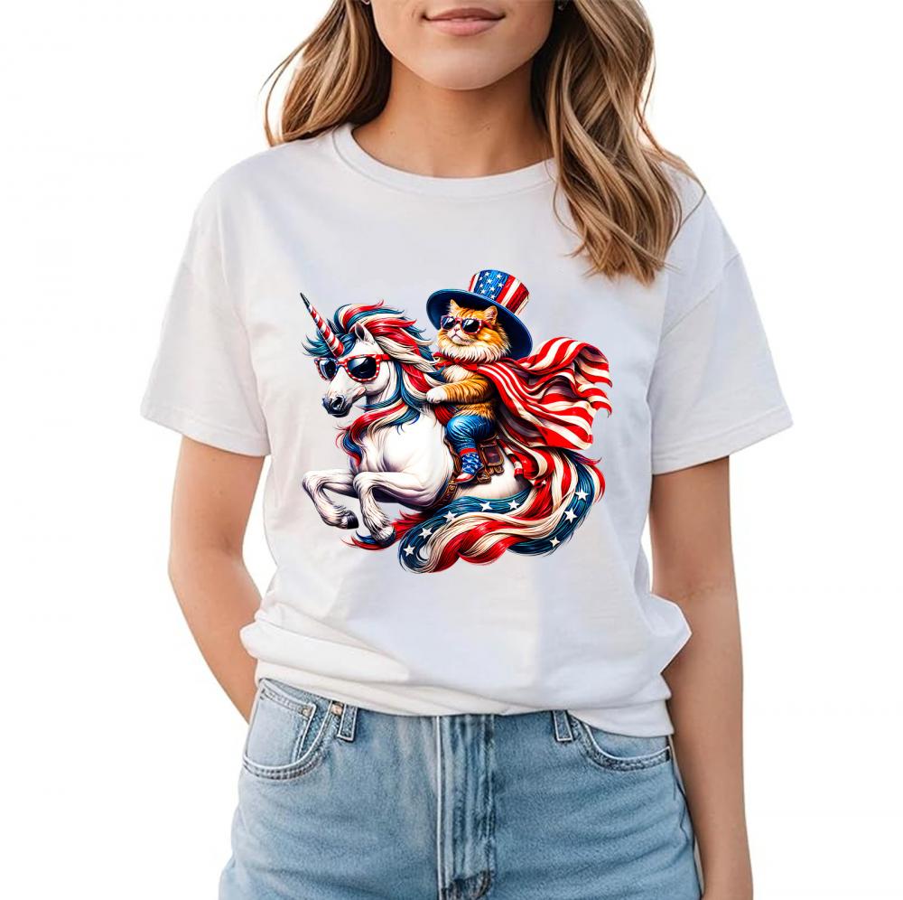 Cat riding Unicorn usa flag Patriotic 4th of July T-Shirt