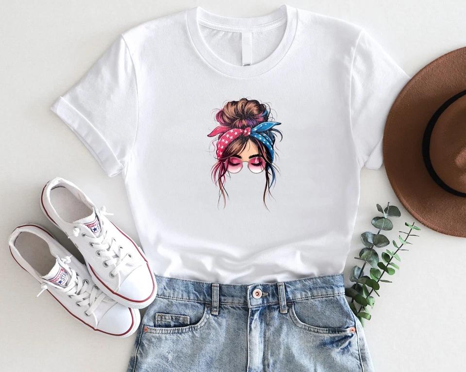 Messy Bun 4th of July T-Shirt Patriotic Woman Sunglasses Tee