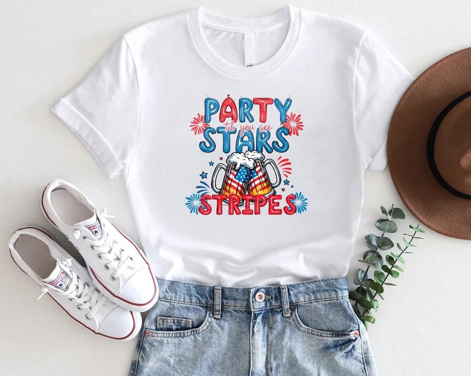 Party Til You See Stars & Stripes Tee Funny 4th of July Beer Shirt