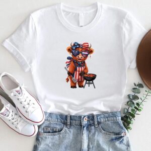 Patriotic Highland Cow BBQ Shirt – 4th of July Grilling Cow Tee