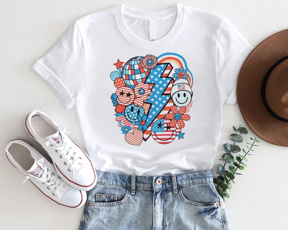 Retro 4th of July Shirt – Colorful Lightning Bolt America Tee