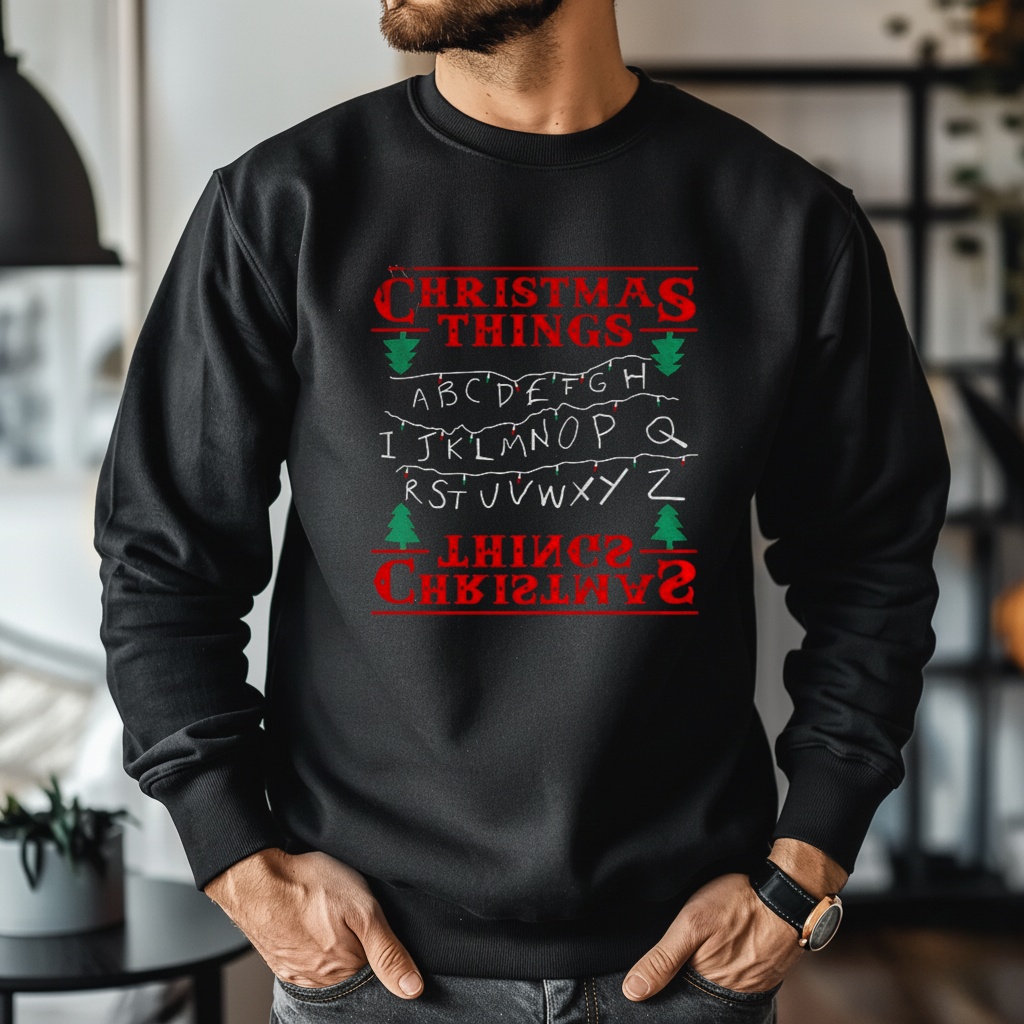 ABCDEFGHIJ Christmas Things Upside Down Alphabet Merry Xmas_Crewneck Sweatshirt