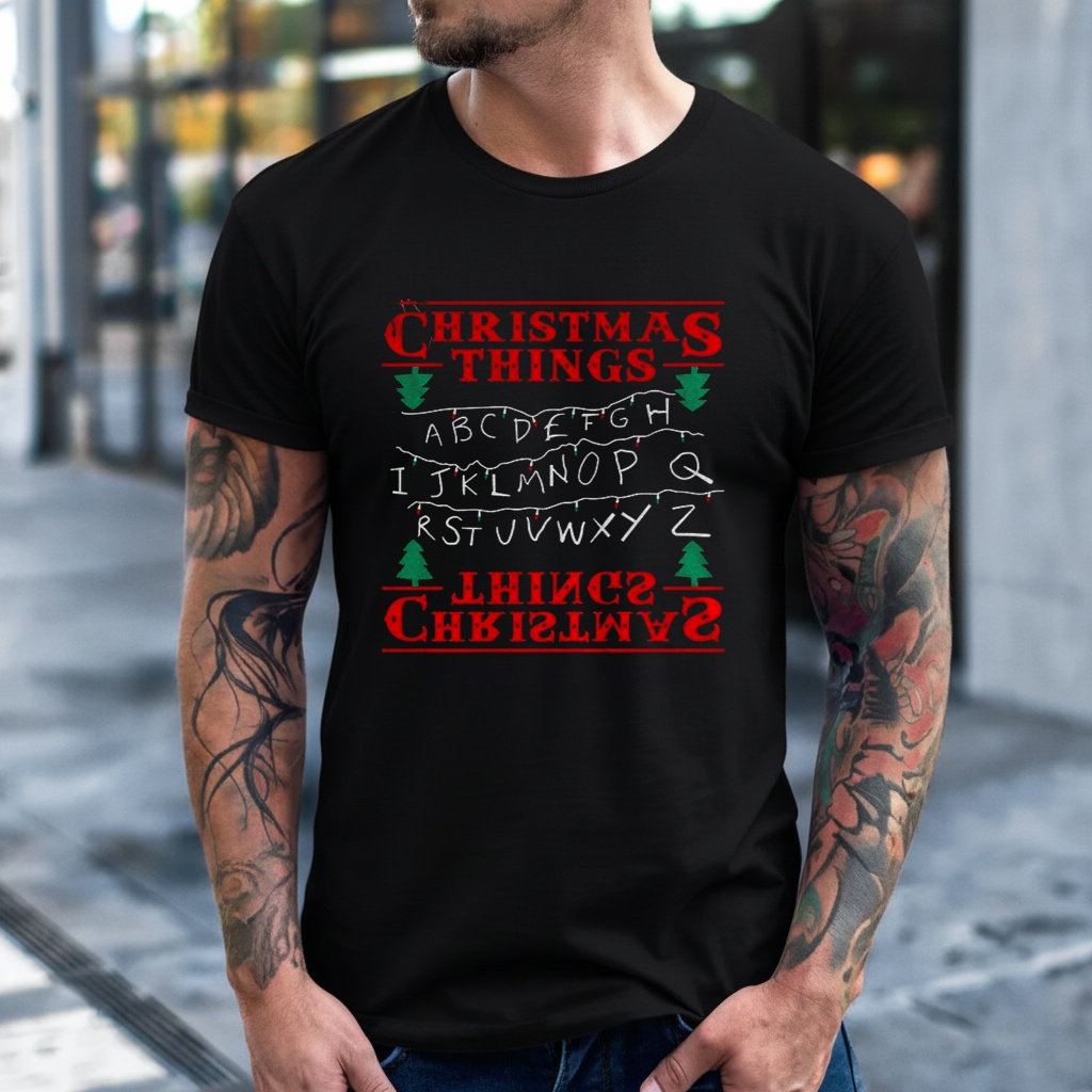 ABCDEFGHIJ Christmas Things Upside Down Alphabet Merry Xmas_T-Shirt