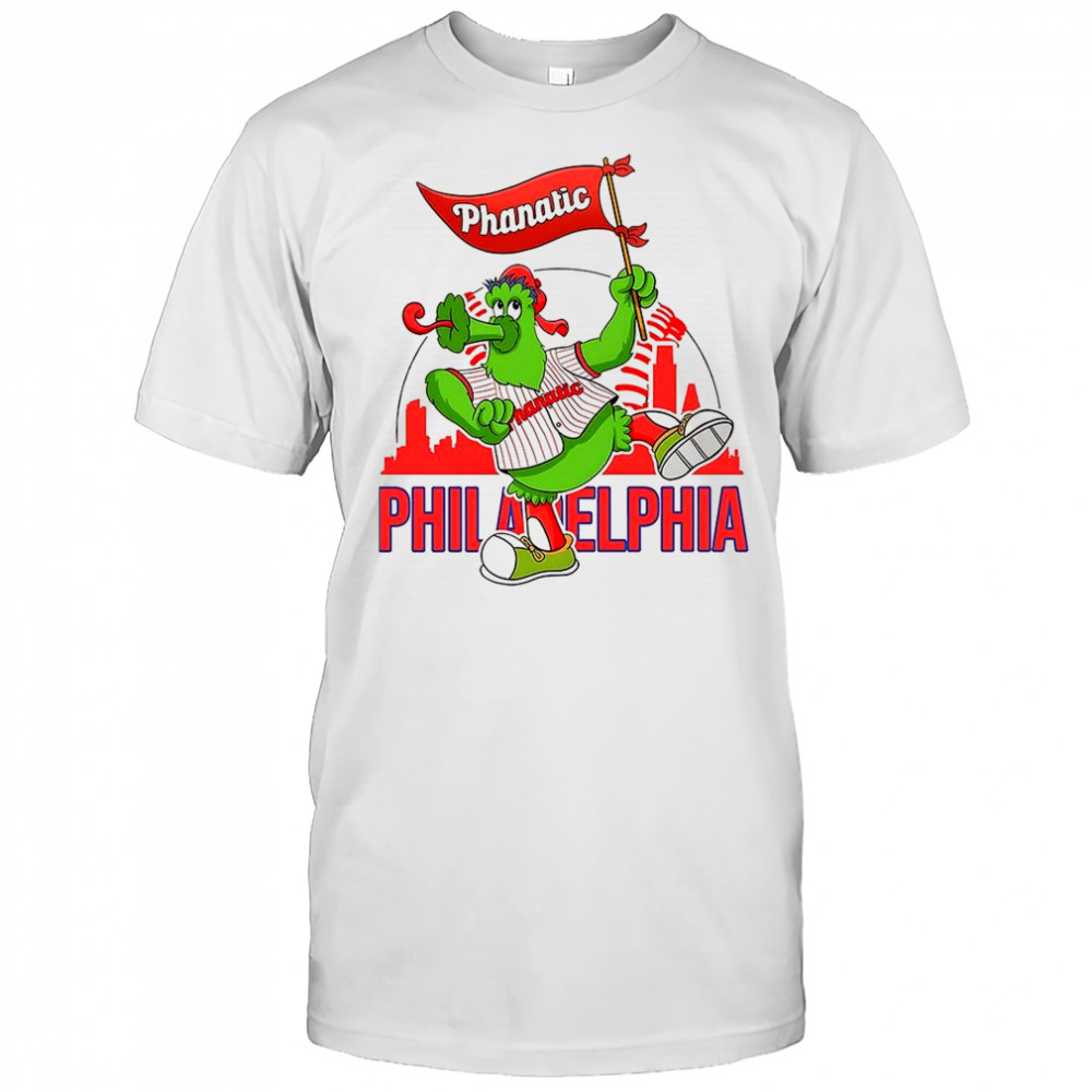 Phillie Phanatic dancing Philadelphia Phillies baseball skyline mascot shirt