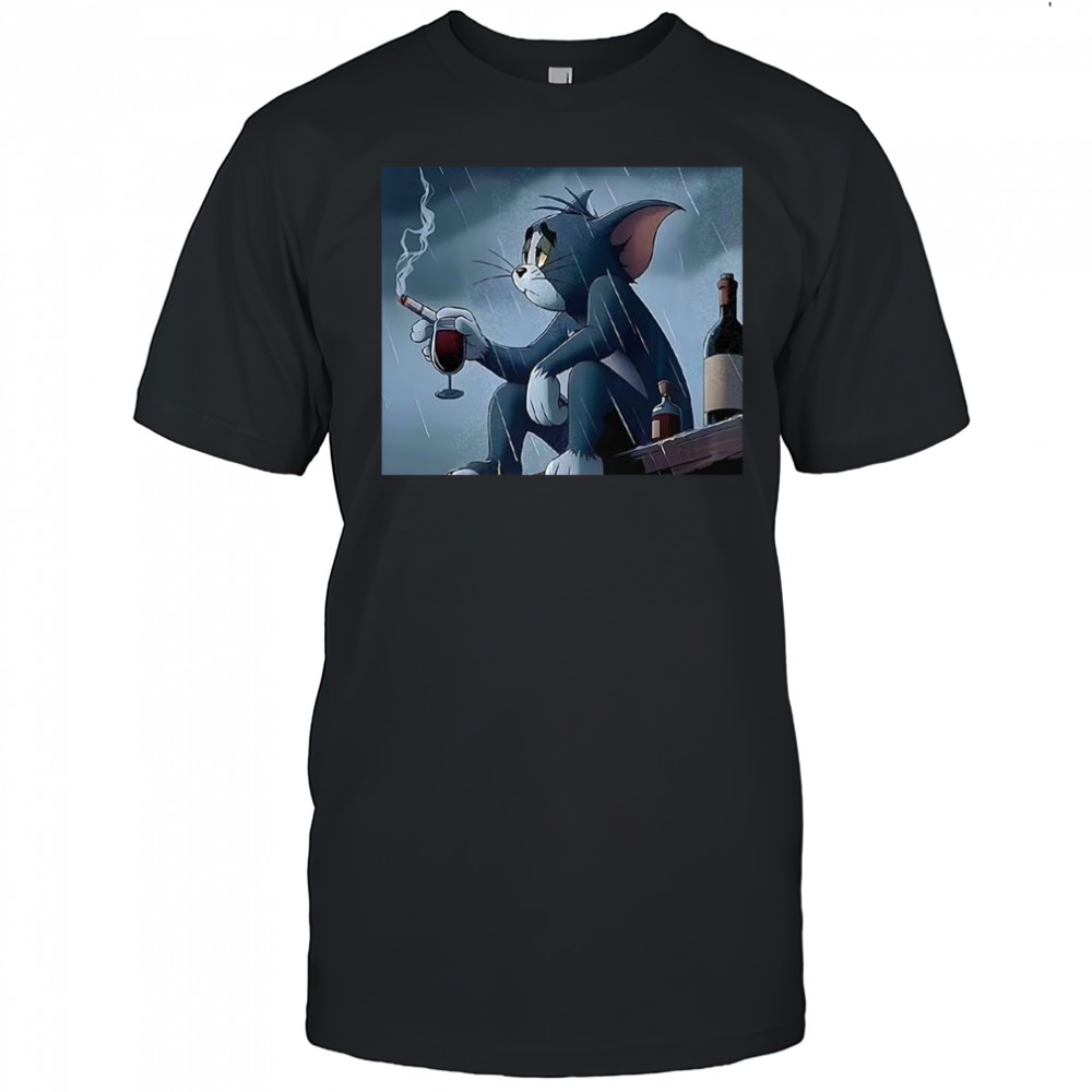 Tom pensive and sad smoking in the rain cartoon shirt